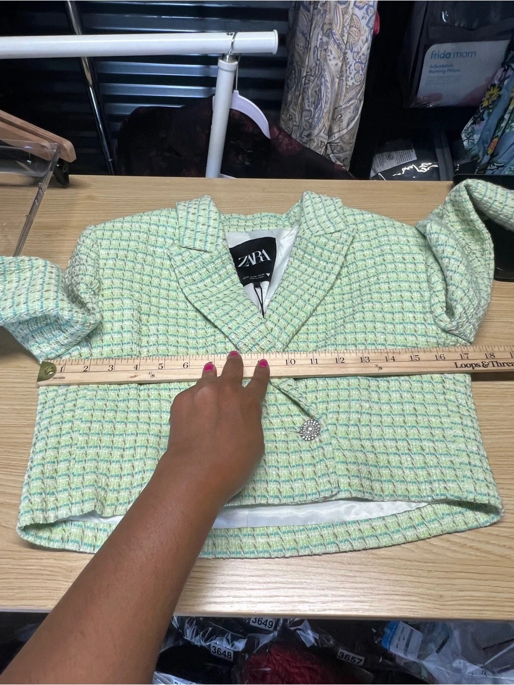 ZARA NWT Green Tweed Cropped Blazer Pearl Buttons Size XS